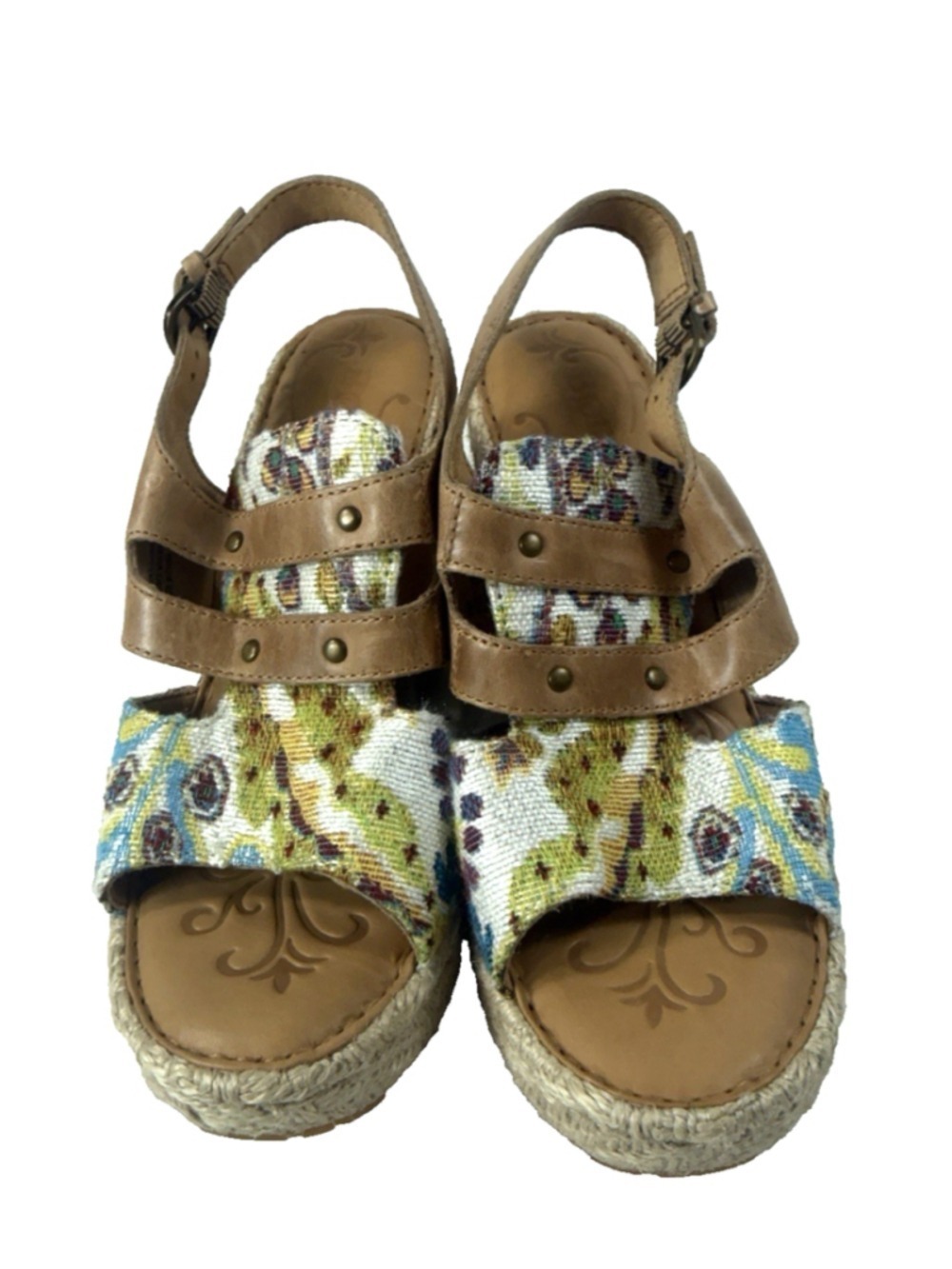 Born Brewster Platform Wedge Sandal Tapestry Leather Jute Heel Women Size 7 M - Picture 2 of 14